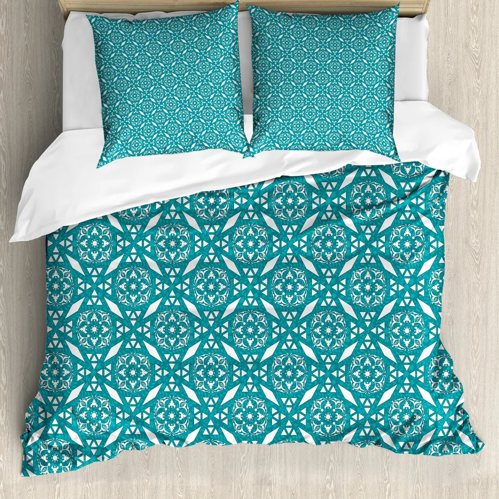 ABAKUHAUS copripiumino persiano, motivi floreali marocchini, antiacaro, adatto a chi soffre di allergie, con federe, 200 cm x 200 cm - 80 x 80 cm, verde acqua bianco