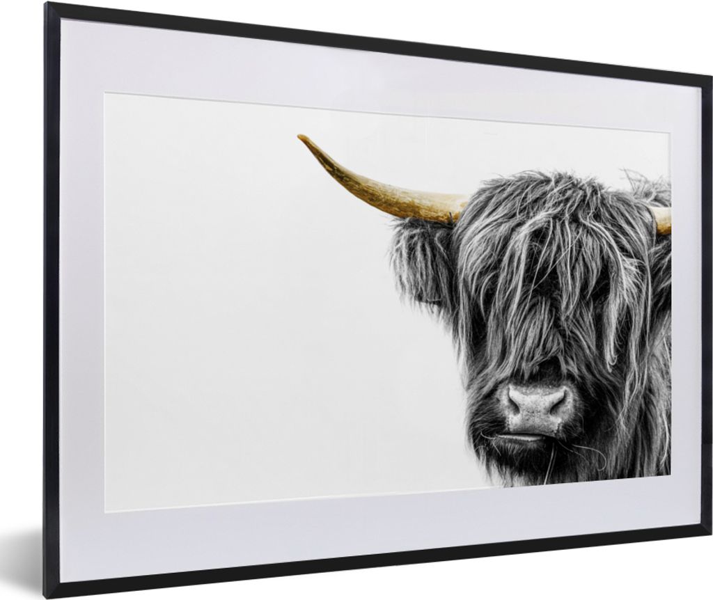 MuchoWow Gerahmtes Poster Scottish Highlander - Weiß - Schwarz & Gold 60x40 cm - Poster mit Schwarzem Bilderrahmen Wandposter Rahmen Foto Bilder...