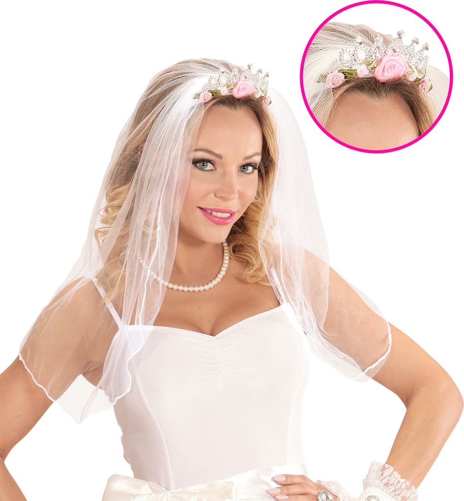Tiara mit Brautschleier und Rosen | Weiß Rosa Produktbild 