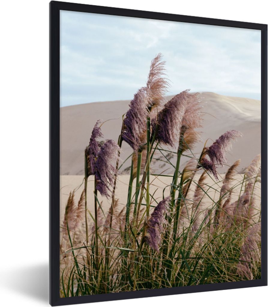 MuchoWow Gerahmtes Poster Pampasgras - Sand - Pflanzen - Düne 30x40 cm - Poster mit Schwarzem Bilderrahmen Wandposter Rahmen Foto Bilder - Wandd...