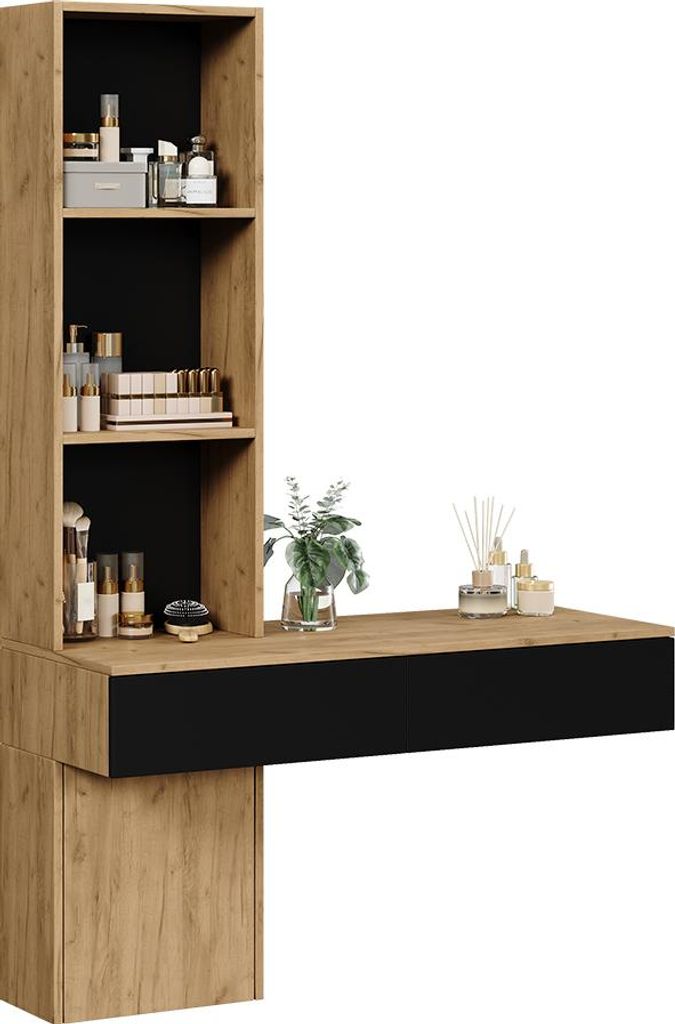 A vanity table with shelves and a drawer, displaying various cosmetic products.
