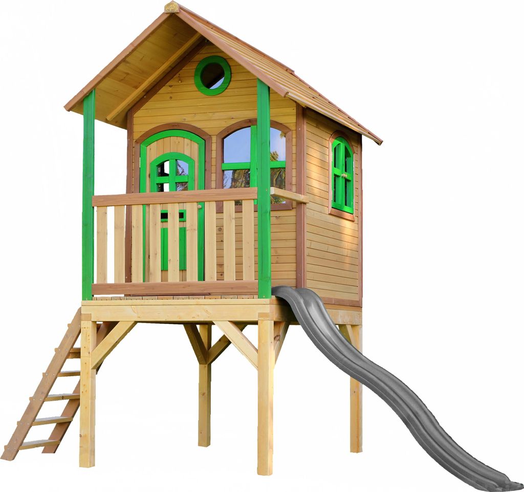 AXI Spielhaus Laura mit grauer Rutsche | Stelzenhaus in Braun & Grün aus Holz für Kinder | Spielturm mit Wellenrutsche für den Garten