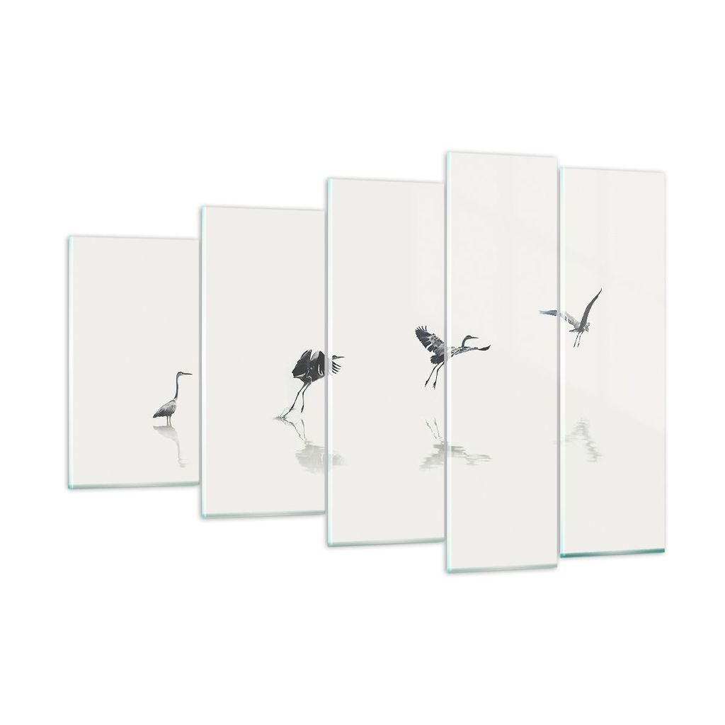 Bilder auf glas - 5 Teile - Flug Vogel Reiher - 150x100cm - Glasbilder - Wandbilder - Bilder - zum Aufhängen bereit - Wanddekoration aus Glas - Gl...