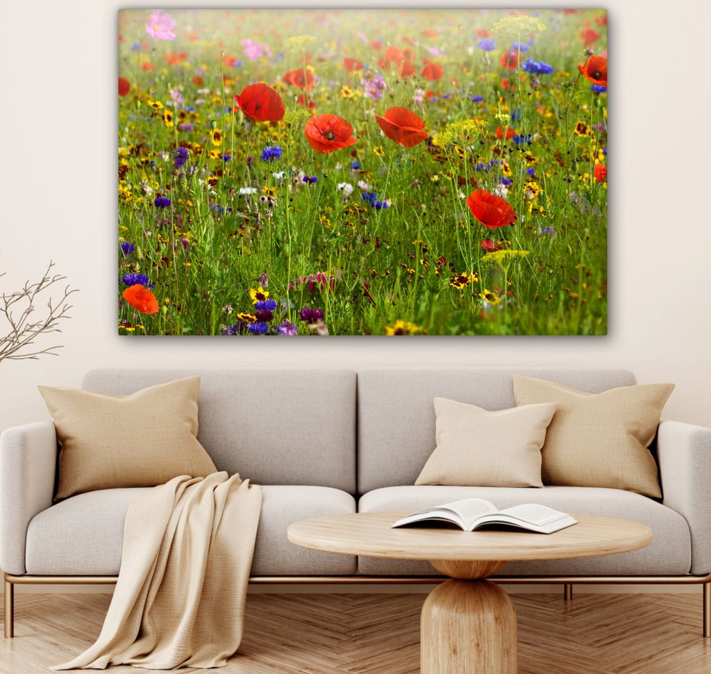 OneMillionCanvasses - Leinwandbilder - 140x90 cm, Frühling - Blumen - Rot - Mohn - Gras - Grün, Wandbilder Kunstdruck Wanddekoration