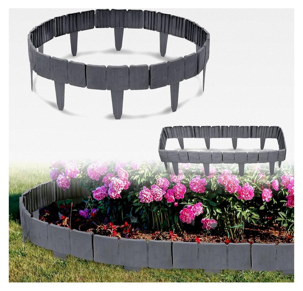 2,5 m Rasenkante Kunststoff Beeteinfassung Beetumrandungen Steinoptik Mähkante Palisade für Blumen Gartenzaun Dekorativ 10 Stück 25x23 cm (L x H...