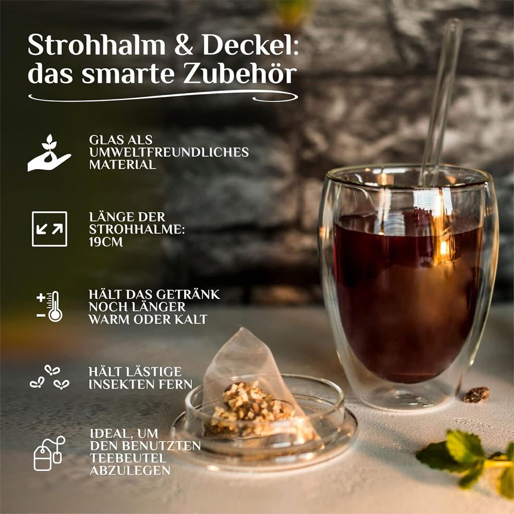 4er Set Doppelwandige Gläser mit Deckel und Trinkhalm schlicht Thermogläser 350ml