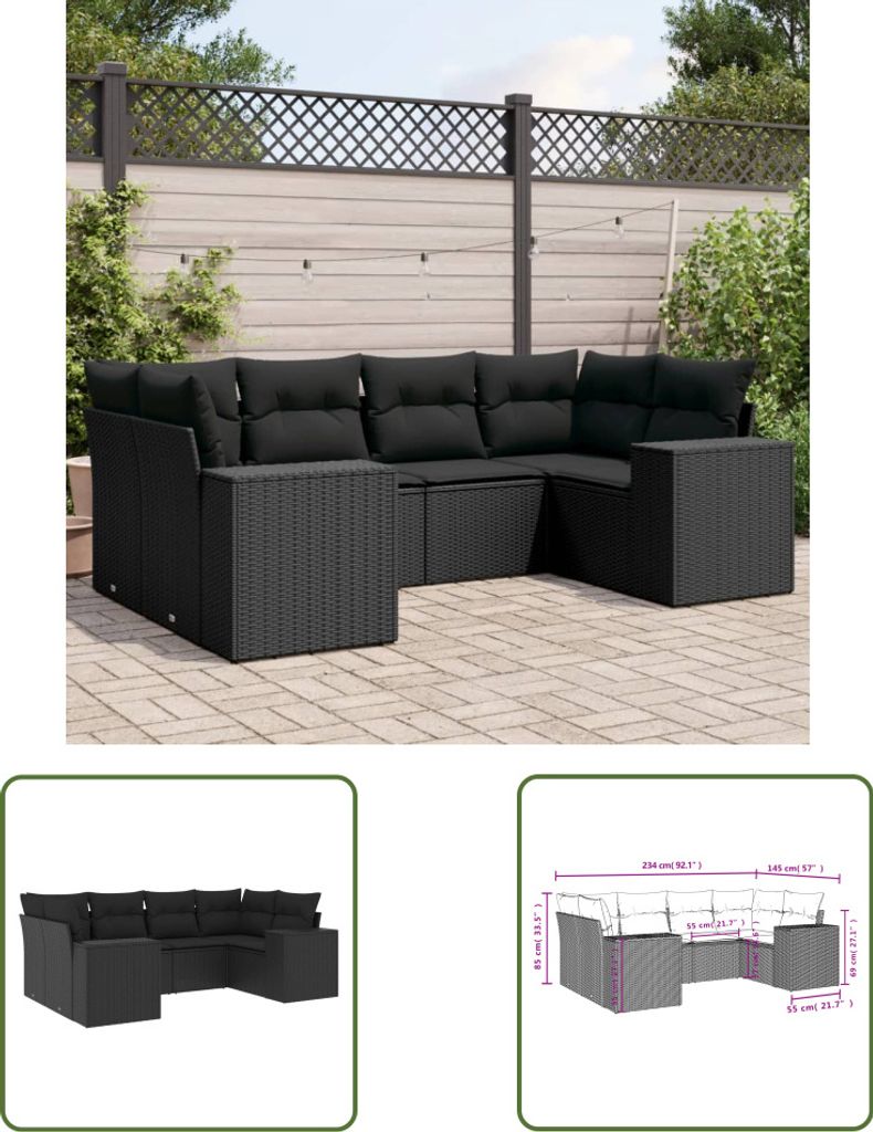 The Living Store 6-tlg. Garten-Sofagarnitur mit Kissen Schwarz Poly Rattan