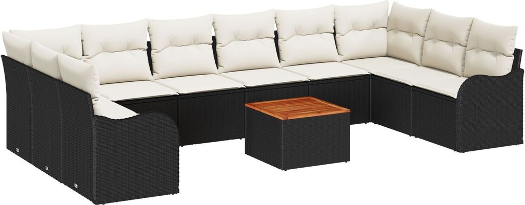 "2025"Cloris 11-teiliges Garten-Sofa-Set mit Kissen Schwarz Poly Rattan Akazie, 2-Sitzer Garten-Sofa mit Stauraum & Kissen Schwarz Poly Rattan - Ga...