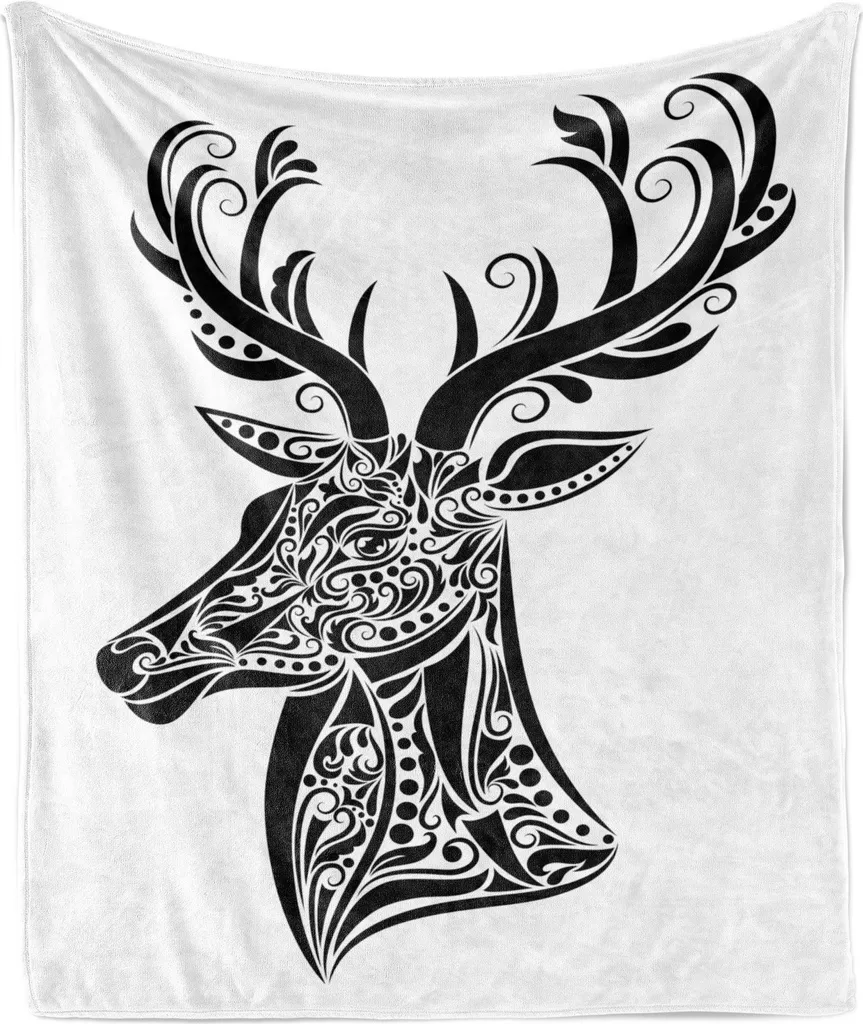 ABAKUHAUS Coperta morbida in flanella e pile con motivo a corna di cervo, tatuaggio animale cervo, morbida e confortevole per interni ed esterni, 125 x 175 cm, bianco e nero