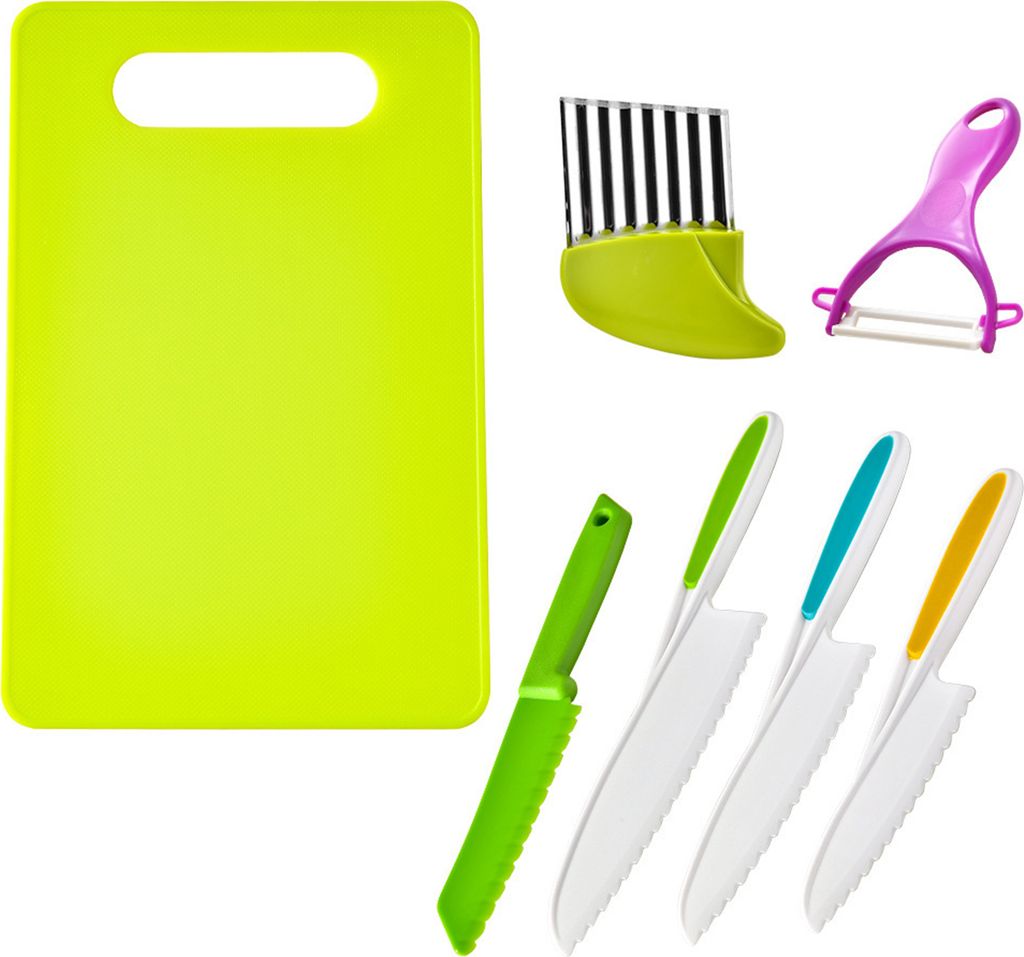 7-teiliges Schneideset für Kinder mit Obst, Gemüse, Wellenschneider, Schäler, Schneidebrett, Kleinkinder, echtes Kochen, sicherer Kunststoffschn...