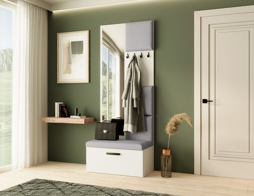 Garderobe MARGARET III, Farbe: Weiß + Grau , mit gepolsterten Paneelen, Spiegel und Kleiderhaken