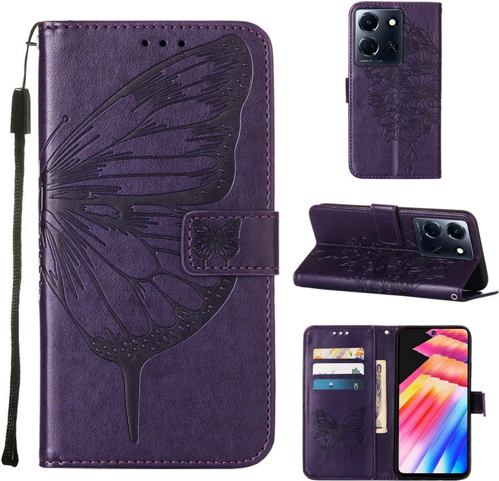 Custodia per Infinix Note 30 5G Butterfly Relief Custodia in pelle con tasca per carte e supporto viola