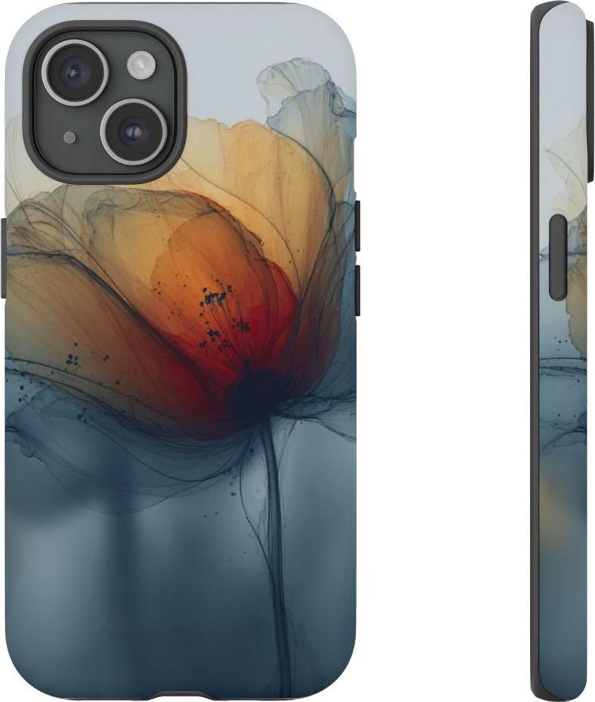 Zarte Blüte in Orange und Blau – Hülle Kompatibel mit iPhone 15