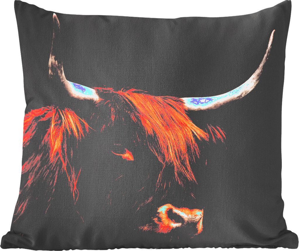MuchoWow Zierkissen Sofakissen Wohnzimmer Dekokissen 60x60 cm Schottisches Hochlandrind - Kuh - Schwarz - Sitzfläche - Foto Polster
