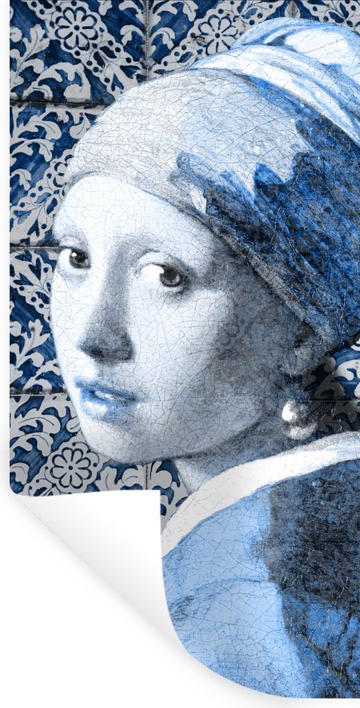 MuchoWow Wandtattoo Wandsticker Wandaufkleber Mädchen mit Perlenohrring - Vermeer - Delfter Blau 60x120 cm Selbstklebend und Repositionierbar - ...