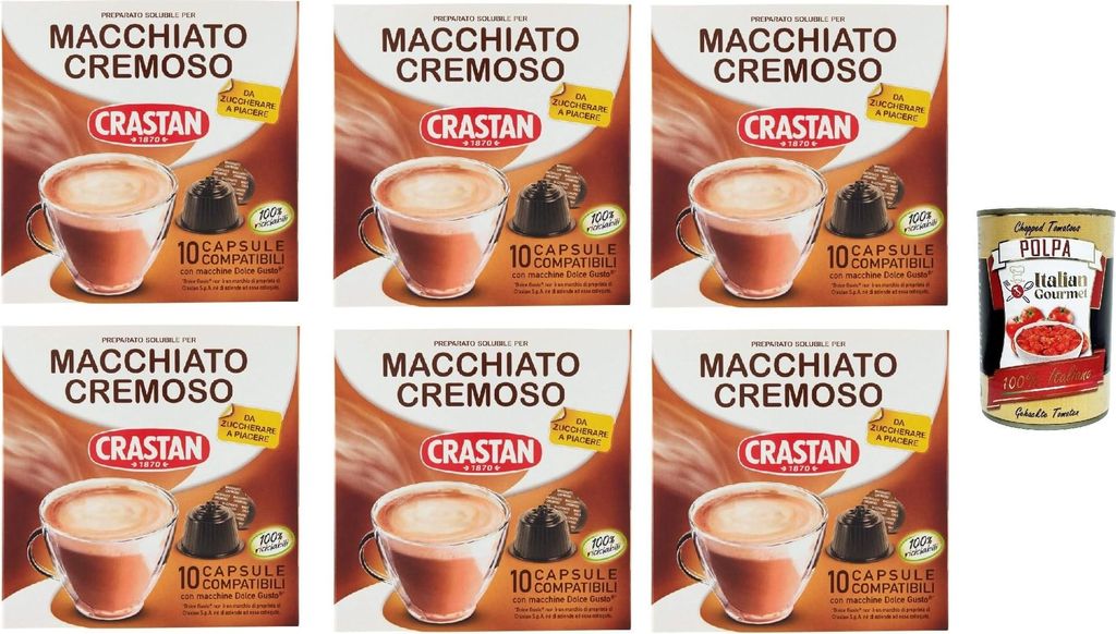 Crastan, 60 Kapseln, 6 Kisten aus 10 Kapseln Macchiato e cremoso Geschmack, Kapseln, die mit süßem Geschmack kompatibel sind, um zu süßen zu sc...