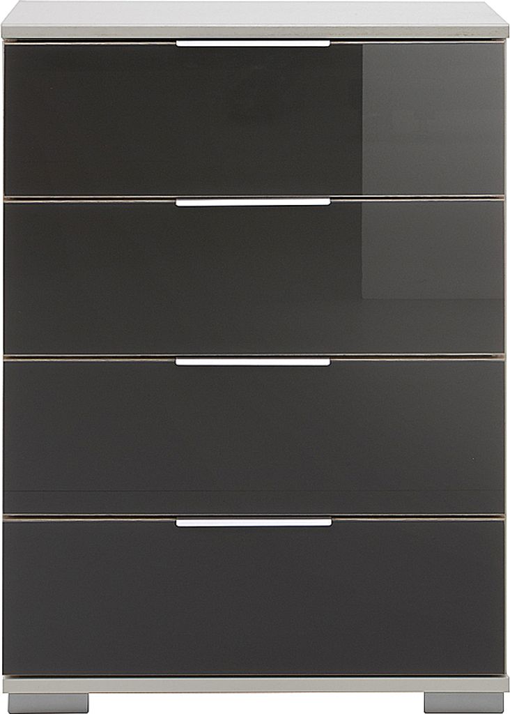 Schlafzimmer Nachttisch Nachtschrank, auch für Boxspringbett geeignet, in weiß mit grauem Glas ELSTRA-43, B/H/T ca. 52/74/38 cm