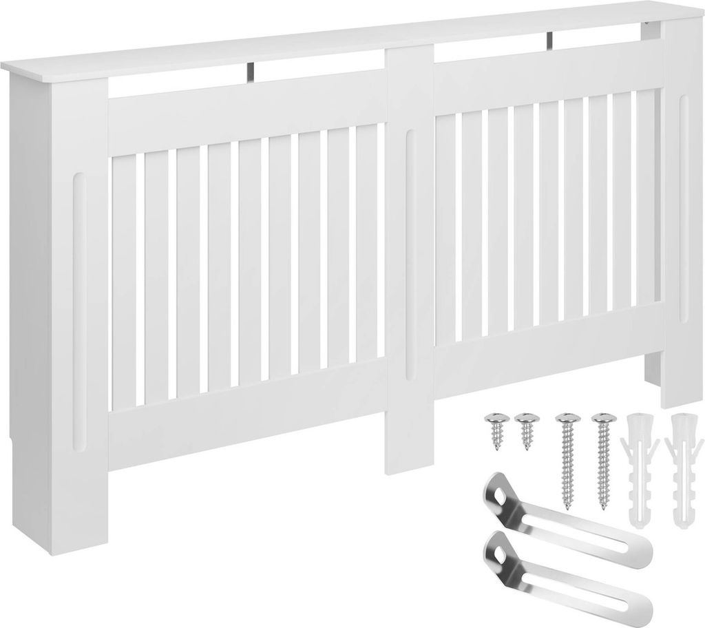 A white radiator cover with attached hardware.