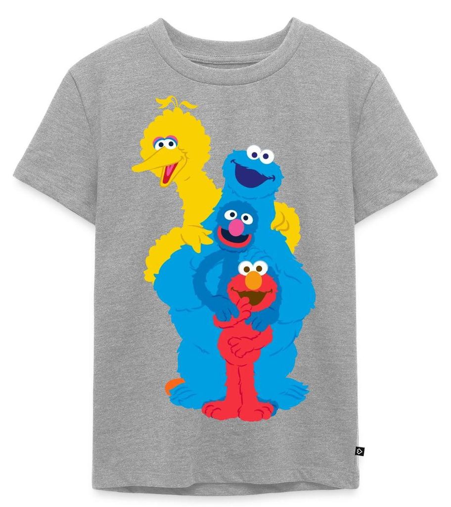 Spreadshirt Sesamstraße Elmo Grobi Krümelmonster Bibo Kinder Premium T-Shirt, 98/104 (2 Jahre), Grau meliert