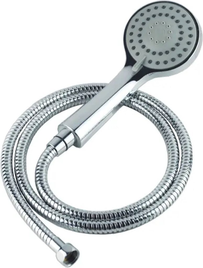A chrome-plated hand shower with a flexible hose, coiled around it.