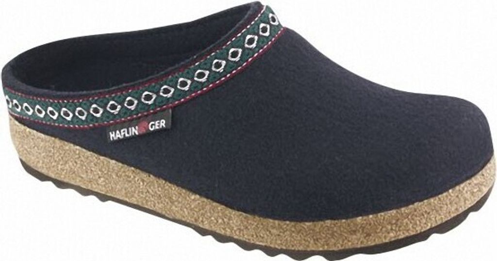 Haflinger Grizzly Franzl Damen, Herren Wollfilz Hausschuhe Clogs blau, Kork-Latex-Fußbett