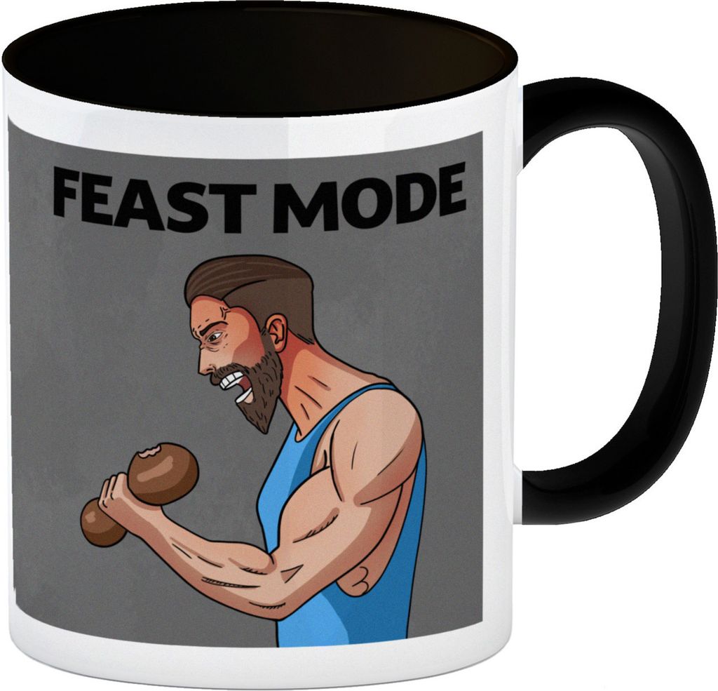 Feast Mode Kaffeebecher Schwarz mit Bodybuilder Motiv