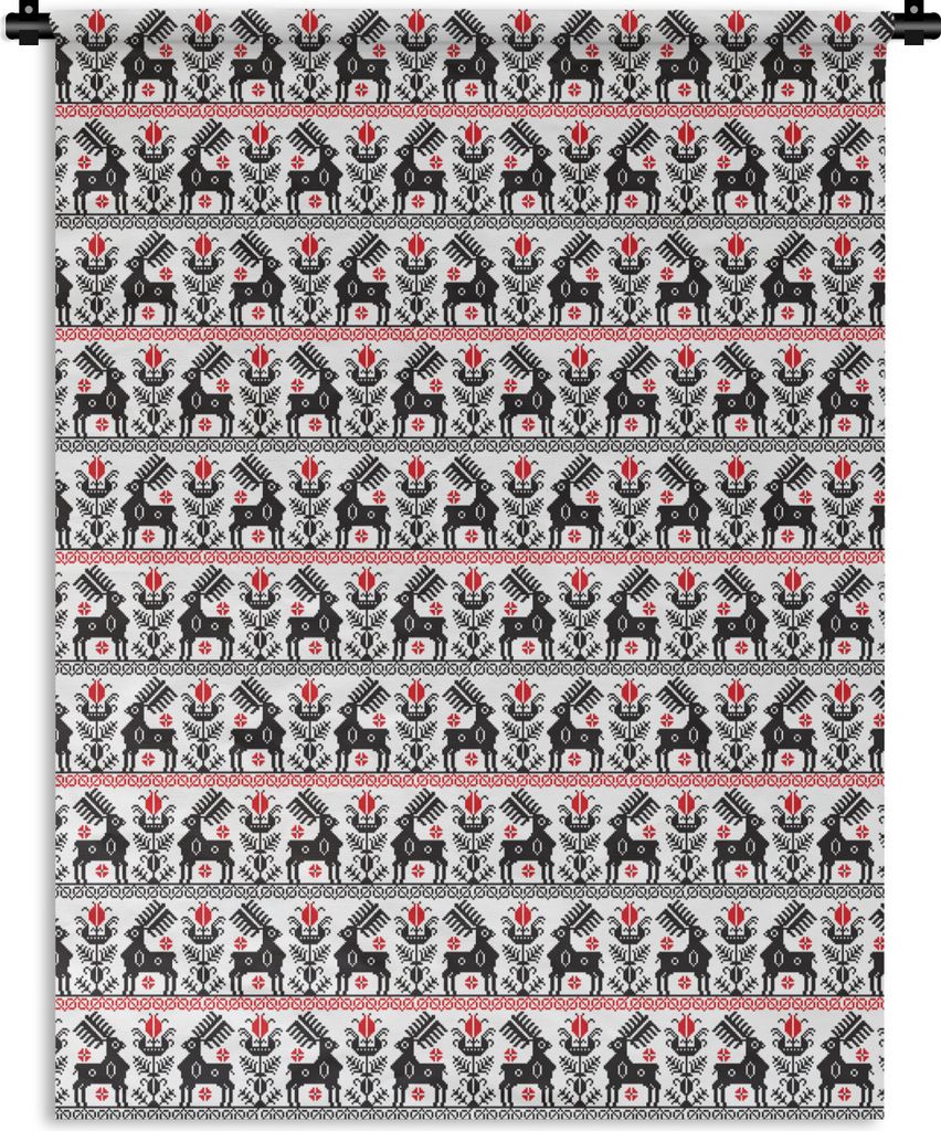 MuchoWow Wandteppich Wandbehang Hirsche - Muster - Schwarz - Rot 150x200 cm Tapisserie Dekoration Wandtuch - Wandaufhängung - Moderner