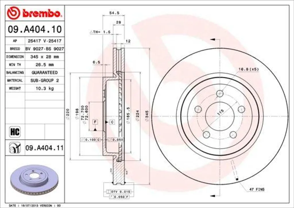 Disque de frein en carbone Brembo 09.A404.11 traité anti-rouille