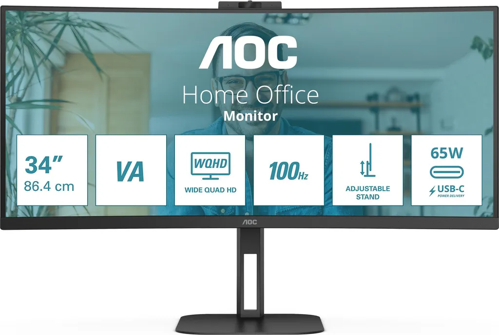 Écran AOC CU34V5CW/BK 34" UltraWide QHD incurvé avec USB-C et Webcam
