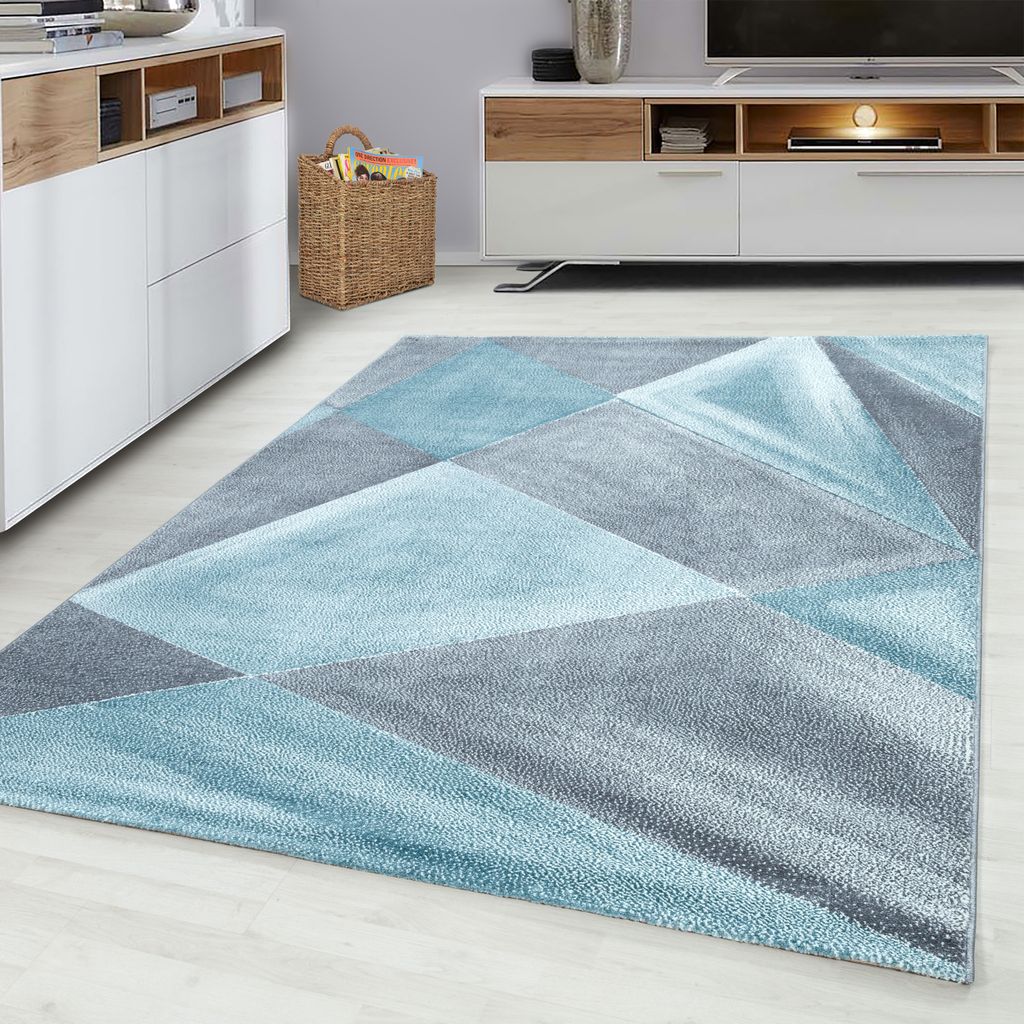 Kurzflor Teppich Blau Weiss Streifen Muster für Wohnzimmer Vintage Design Linien 