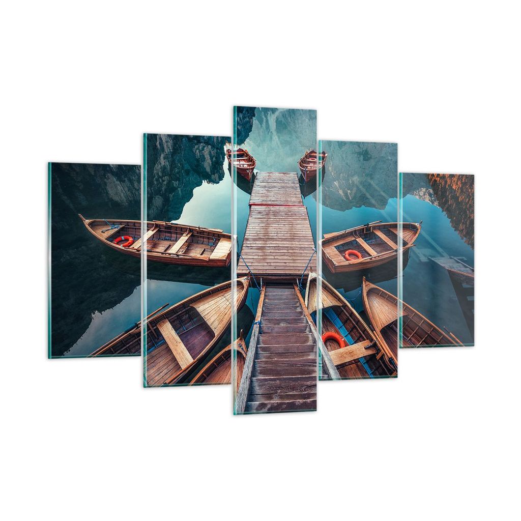 Bilder auf glas - Berge Boot Wasser - 150x100cm - Glasbilder - Wandbilder - Kunstdruck - zum Aufhängen bereit - Wanddekoration aus Glas - Glas Bil...