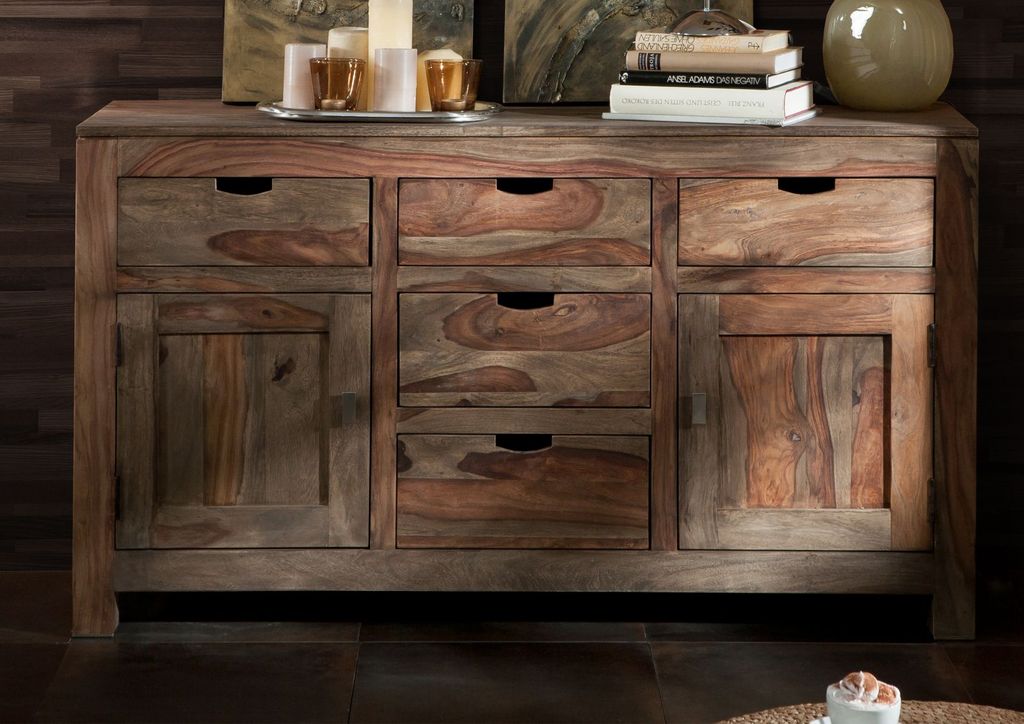 MASSIVMOEBEL24 Sideboard Sheesham 140x42x80 grau geölt NATURE GREY #80