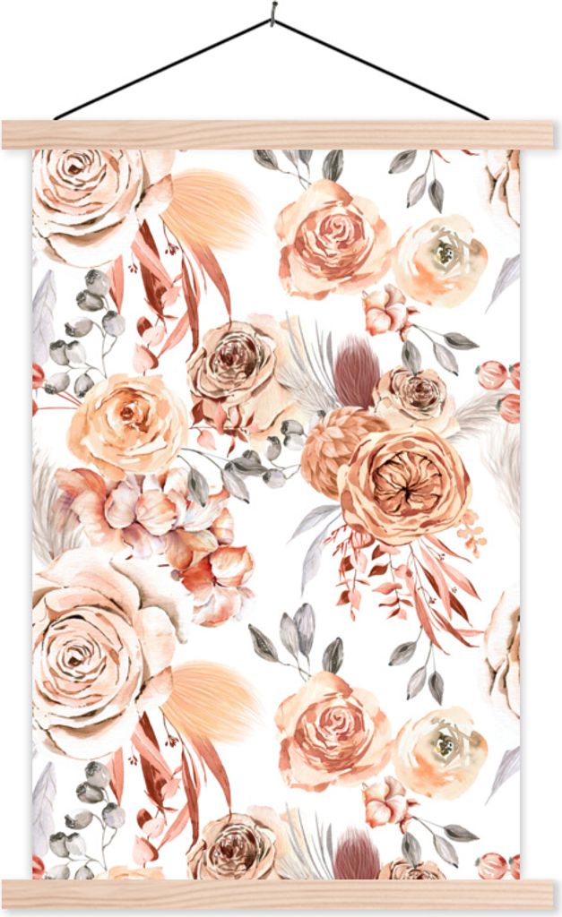 MuchoWow Textilposter Rosen - Braun - Weiß 120x180 cm mit holzfarbenen Rahmen - Textil-Plakat