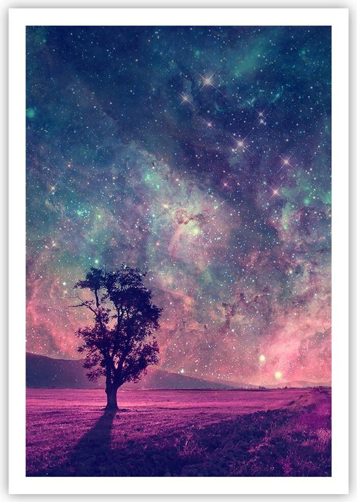 Poster - Poster ohne Rahmen - Kosmos Baum Wiese - 70x100 cm - Wand Bild - Wanddeko - Wandbilder - Kunstposter - Wandposter - Bilder - Kunstdruck - ...