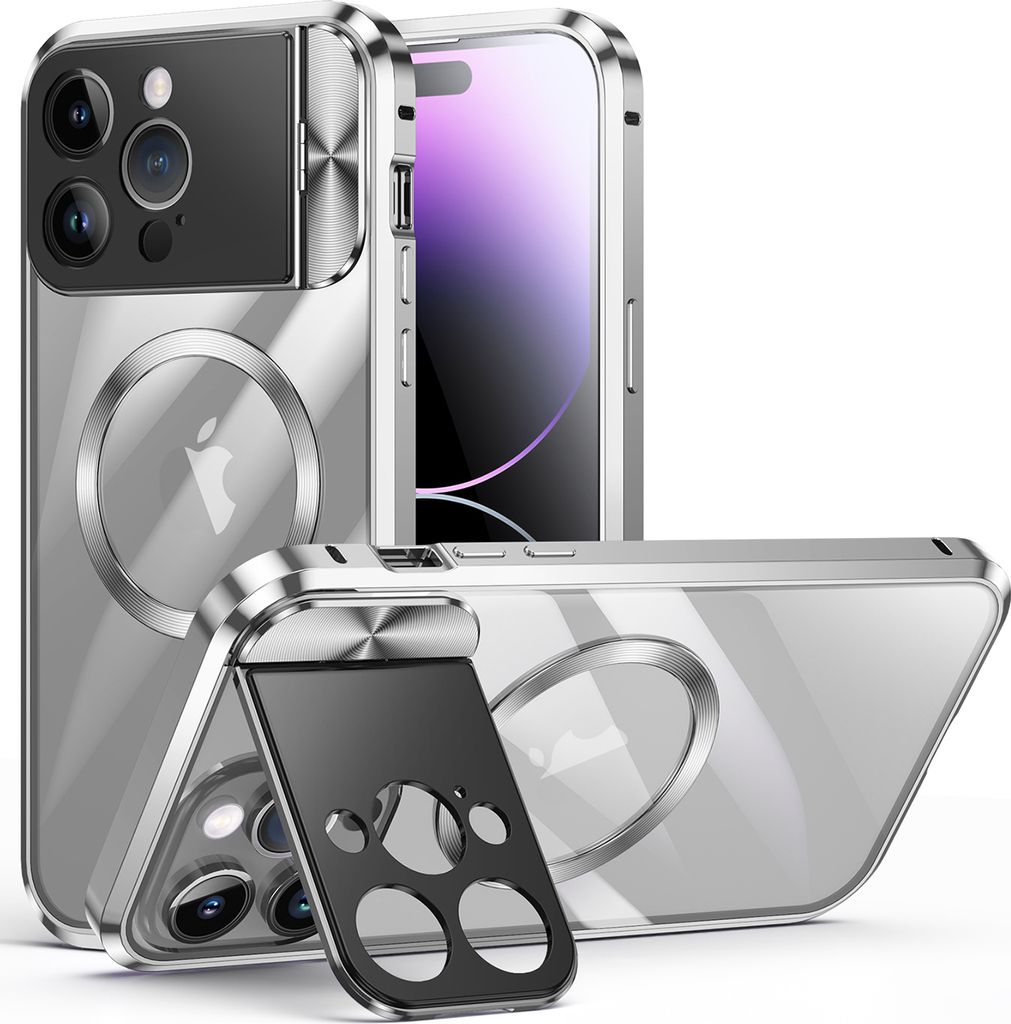 Handyhülle für iPhone 13 Pro MagSafe Hülle, Integrierter Kamera-Ringständer, Magnetische Adsorption Metallrahmen Schutzhülle Silber