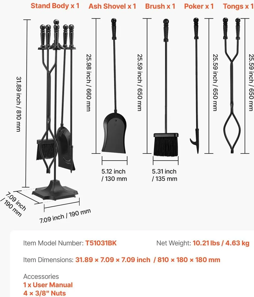 Serviteur de cheminée 5 accessoires en fer forgé noir avec son support