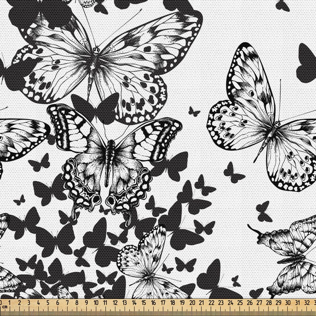 ABAKUHAUS Schwarz und weiß Gewebe als Meterware, Schmetterling Inspiriertes Motiven Schattenbilder Blumen Skizzen Muster, 3 M (148 x 300 cm), Wei...