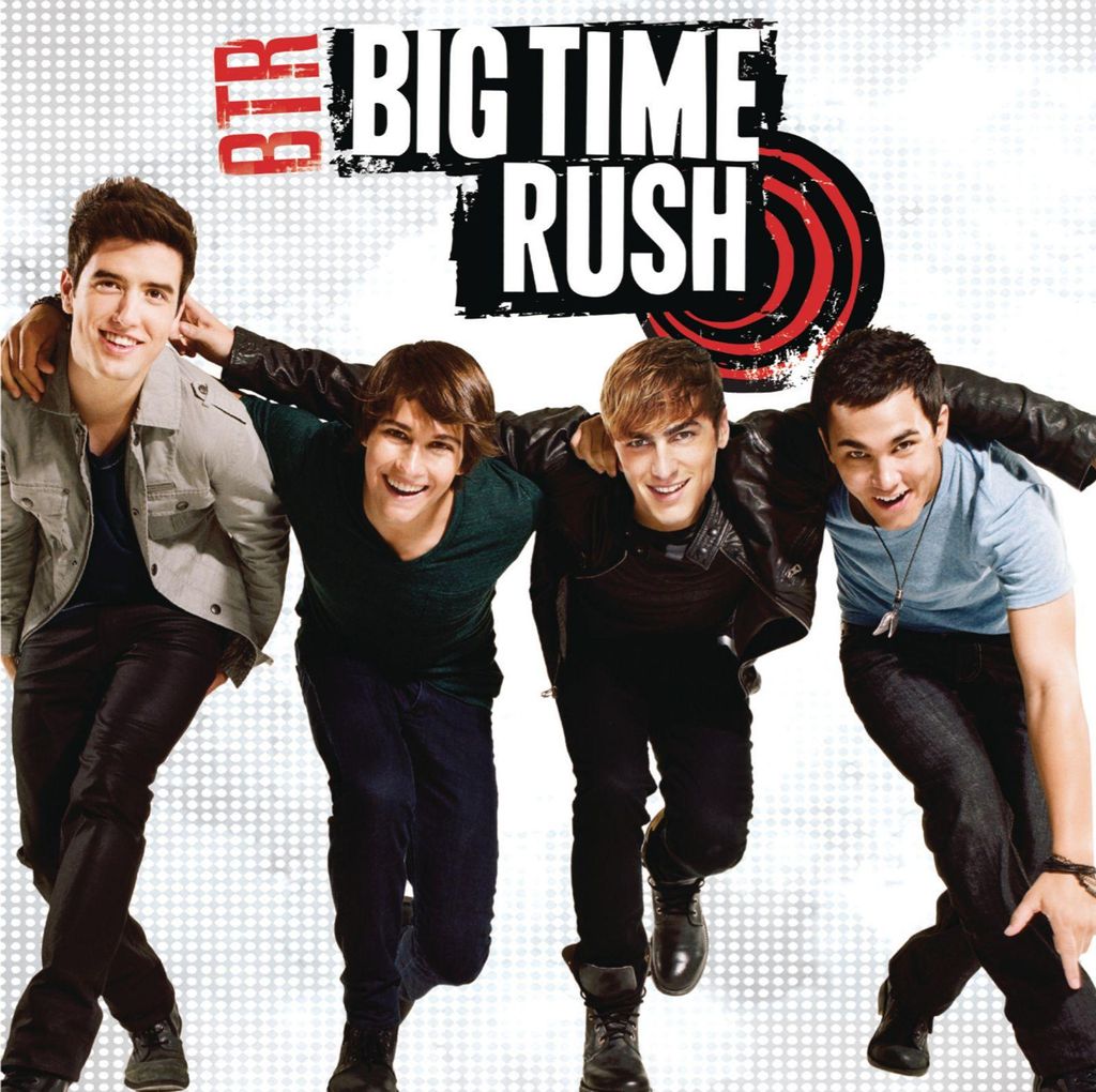 Four young men posing together, with the band's logo and name above them.