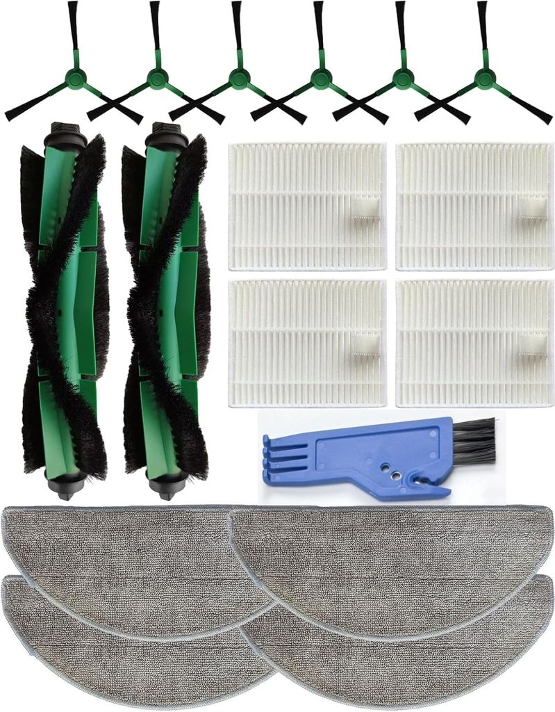 A collection of cleaning accessories for a robot vacuum cleaner, including brushes, filters, and mop pads, laid out on a white background.