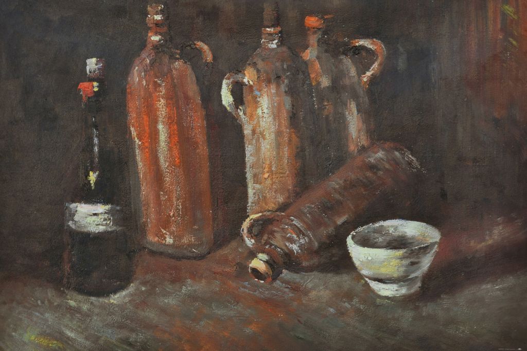 Vincent Van Gogh Kunstdruck Bild - Stillleben Mit Vier Krügen, Flasche Und Weißem Napf, 1884 (80 x 120 cm)