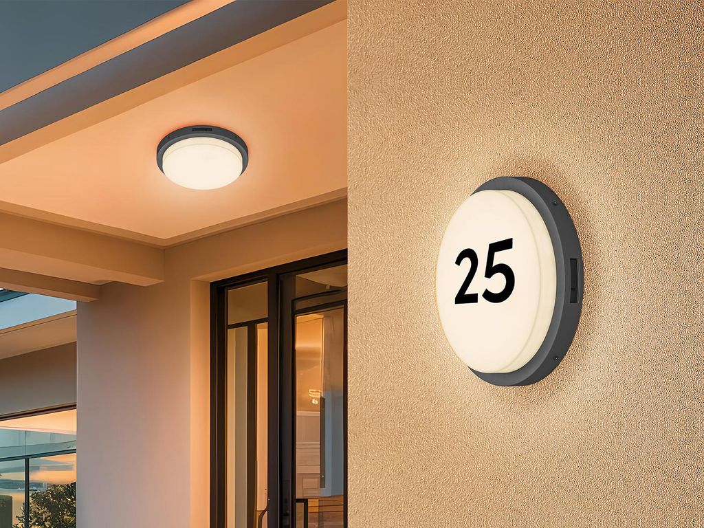 2er Set LED Außenwandleuchten rund mit Bewegungsmelder & Hausnummer Beleuchtung