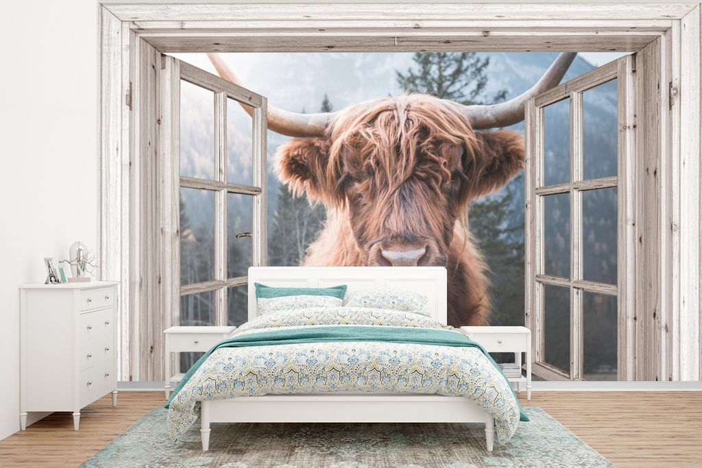 MuchoWow Fototapete für Wohnzimmer oder Schlafzimmer Wandtapete Vinyl Motivtapete Schottischer Highlander - Ansicht - Vista - 350x260 cm - Wohnz...