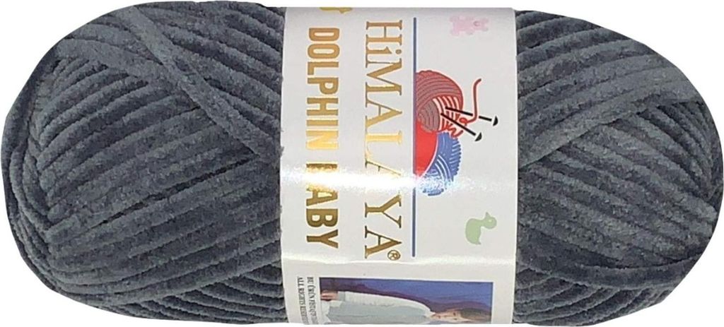 A ball of dark gray yarn with a label.