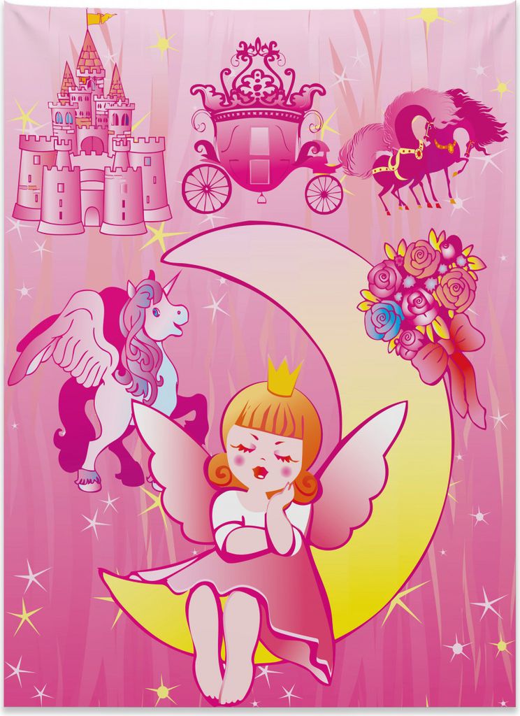 Abakuhaus Rosa Wandteppich, Mond Einhorn Schloss aus Weiches Mikrofaser Stoff Kein Verblassen Klare Farben Waschbar, 110 x 150 cm, Rosa
