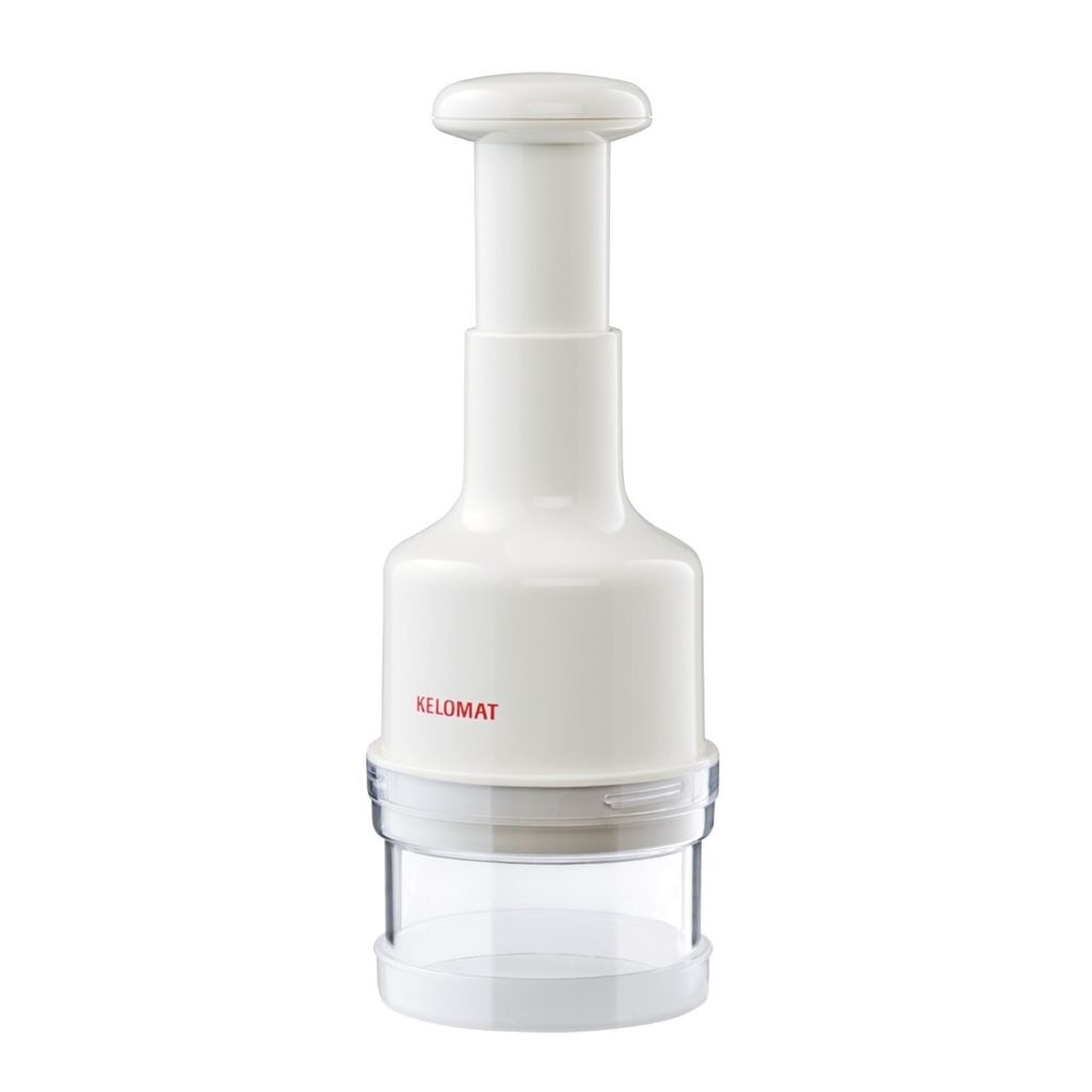 A white and clear plastic food chopper with a plunger mechanism.