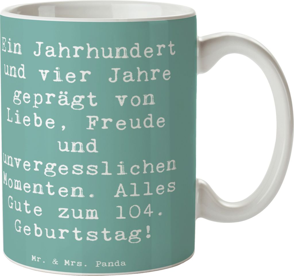 Mr. & Mrs. Panda Kaffeebecher Spruch 104. Geburtstag - Meeresbrise - Geschenk, Alter, unvergessliche Momente, besondere Anlässe, bedruckt, Kaffeet...