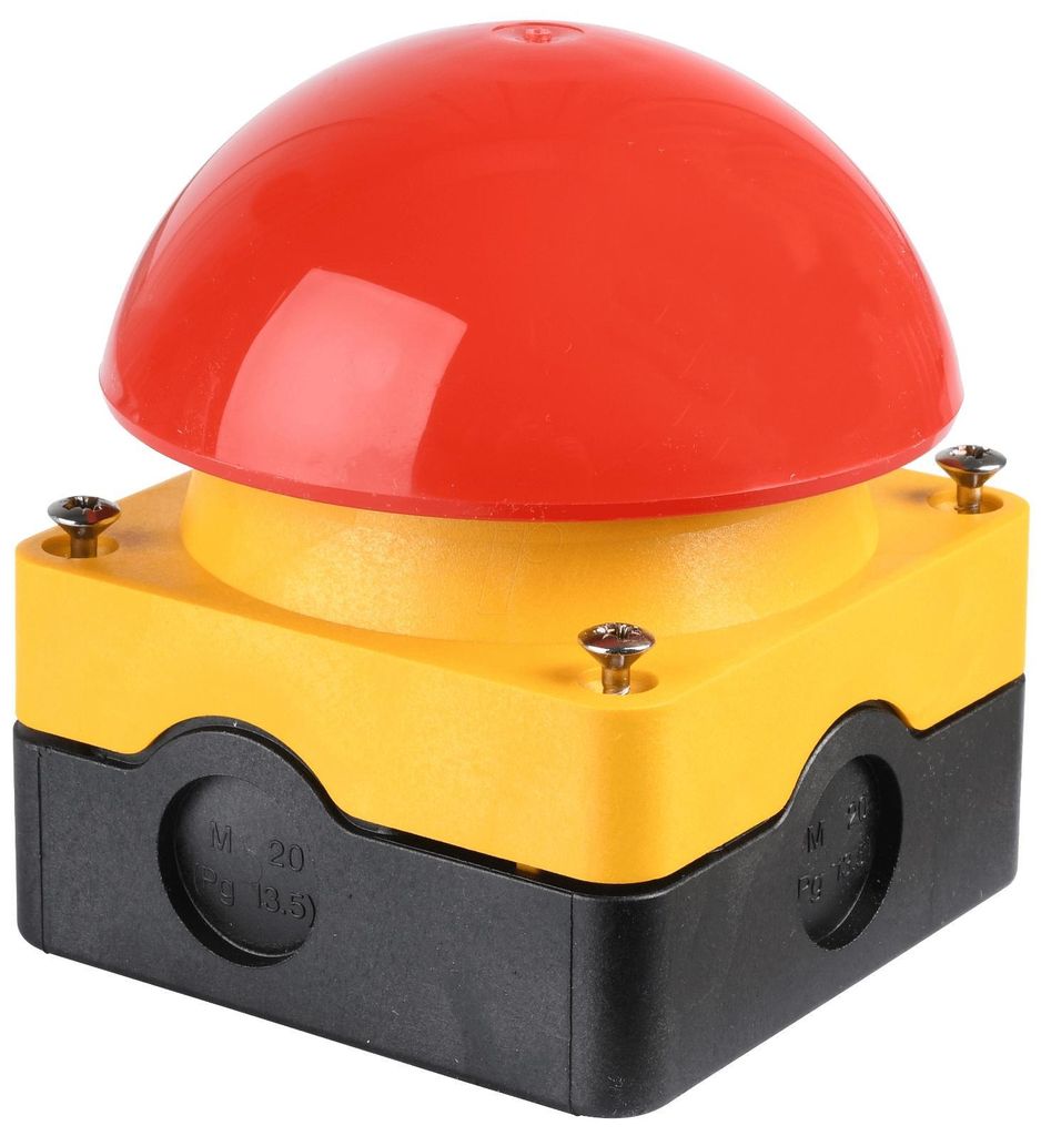 A close-up studio shot of a red and yellow emergency stop button.