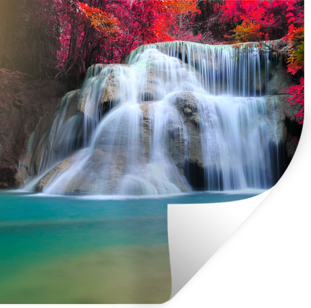 MuchoWow Wandtattoo Wandsticker Wandaufkleber Wasserfall - Bäume - Rot - Landschaft - Natur 80x80 cm Selbstklebend und Repositionierbar - Wierde...