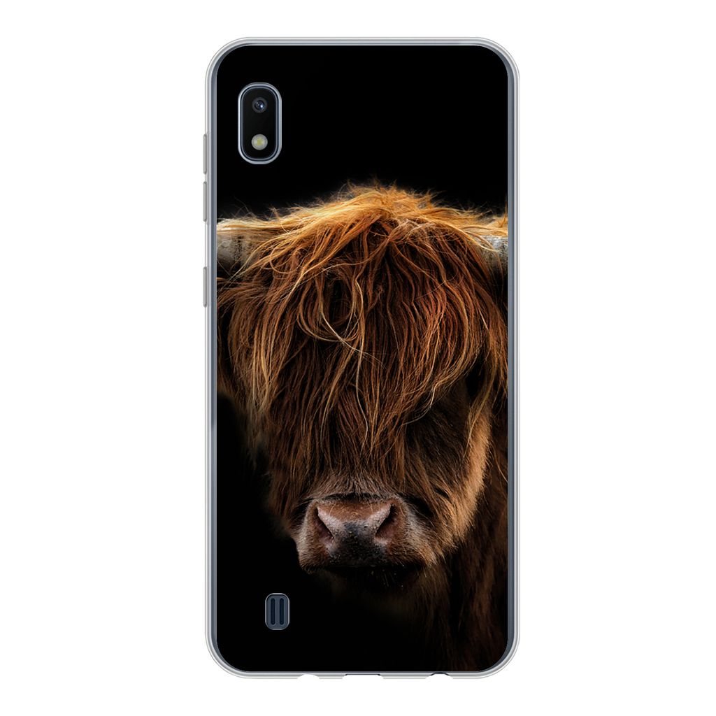 MuchoWow Handyhülle Schutzhülle Hülle für Samsung Galaxy A10 Schottischer Highlander - Hörner - Schwarz - Tiere - Natur - Wild - Kuh Silikon...