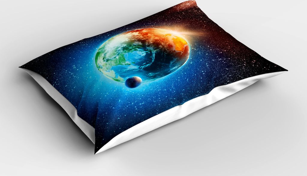 ABAKUHAUS Erde Kopfkissenbezug, Majestätisch Galaxie Weltraum Ansicht Universum Planet Erde Astral Thema, 40x80 cm, Schwarz Orange und Blau